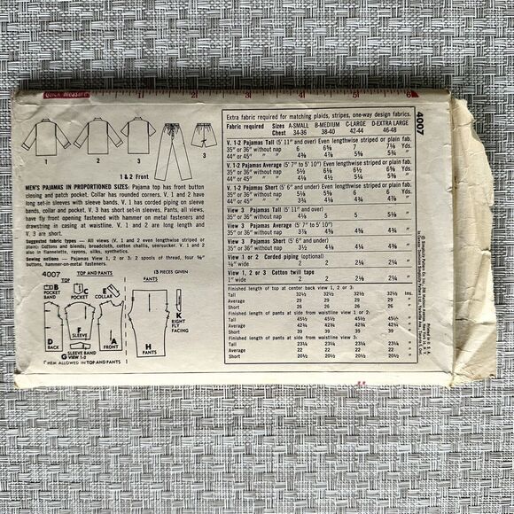 Vtg 1960's Simplicity Mens Pajamas Sewing Pattern 4007 Size M 38-40 UNCUT - Picture 2 of 2